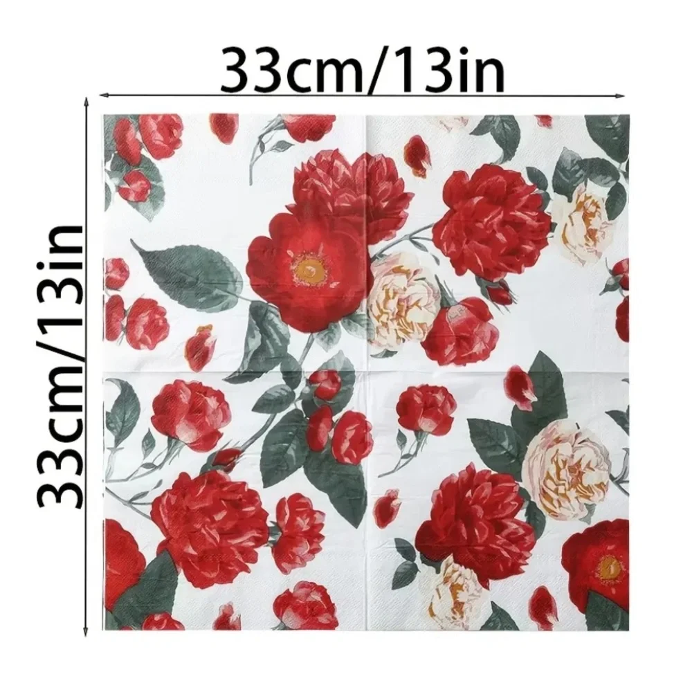 Two (2) Individual Red and Cream Roses Decoupage Luncheon Size Napkins